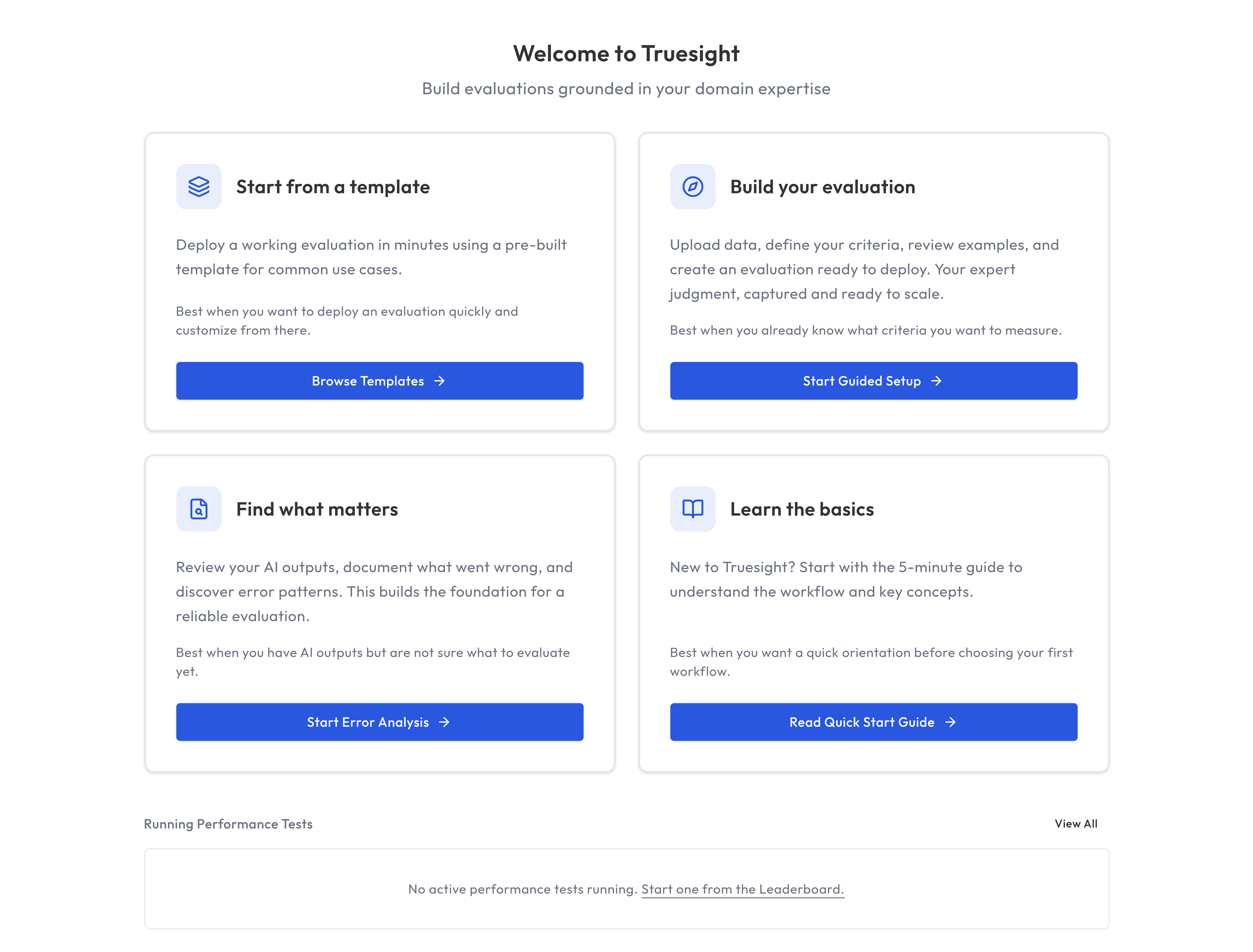 Truesight dashboard with four getting-started entry points