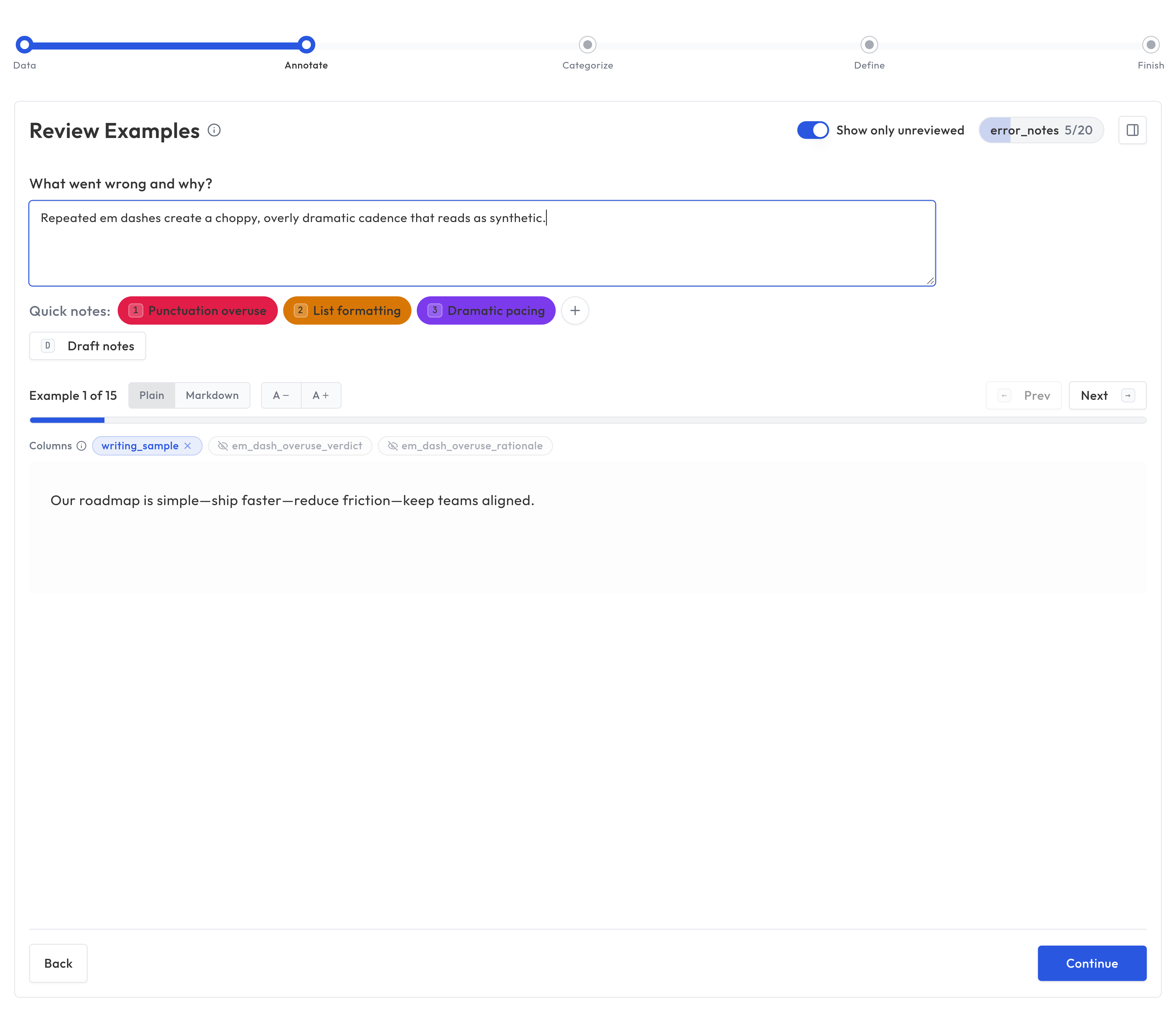 Error Analysis annotate step with quick-note badges and drafted notes