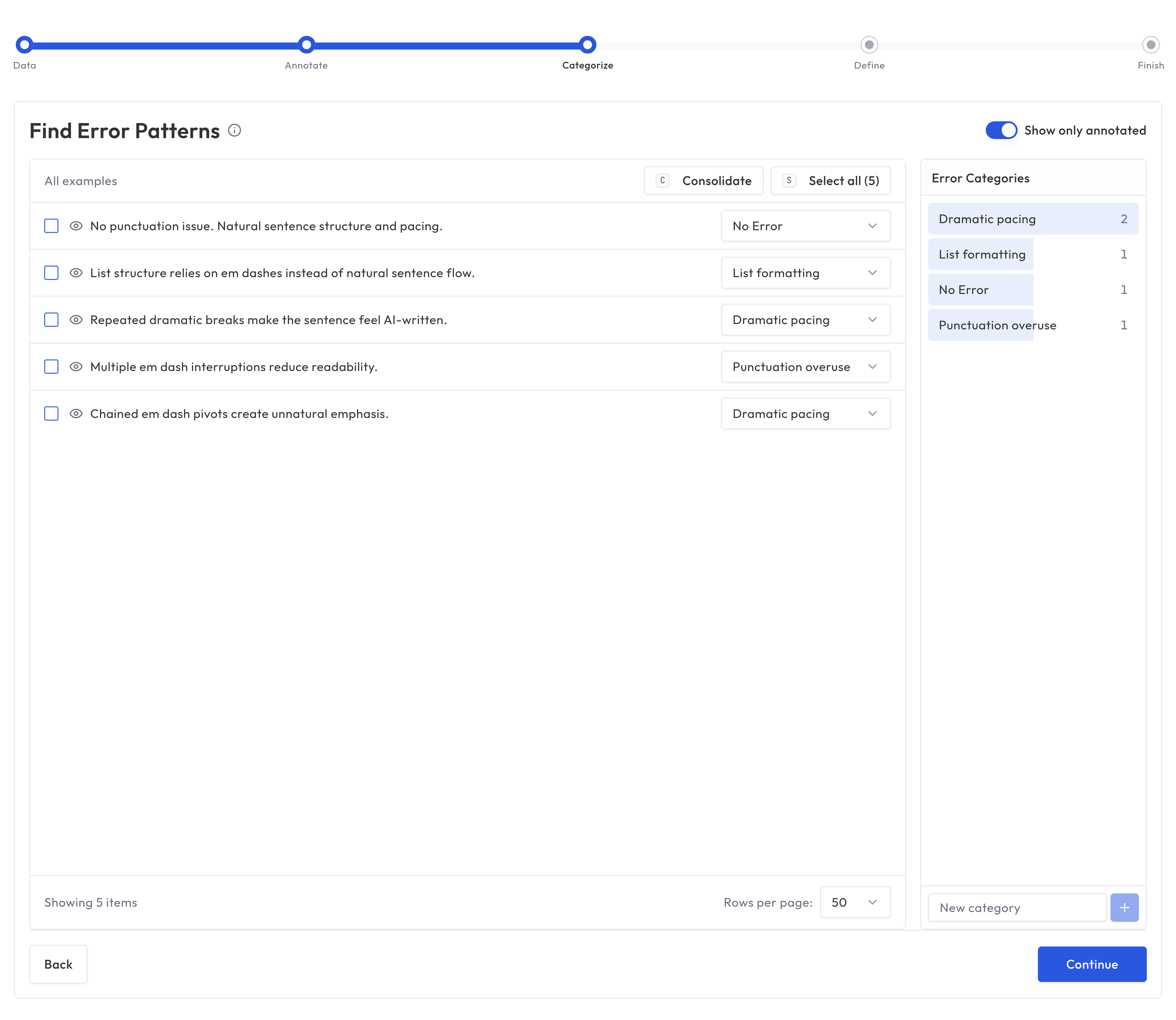 Error Analysis categorize step with staged categories and counts