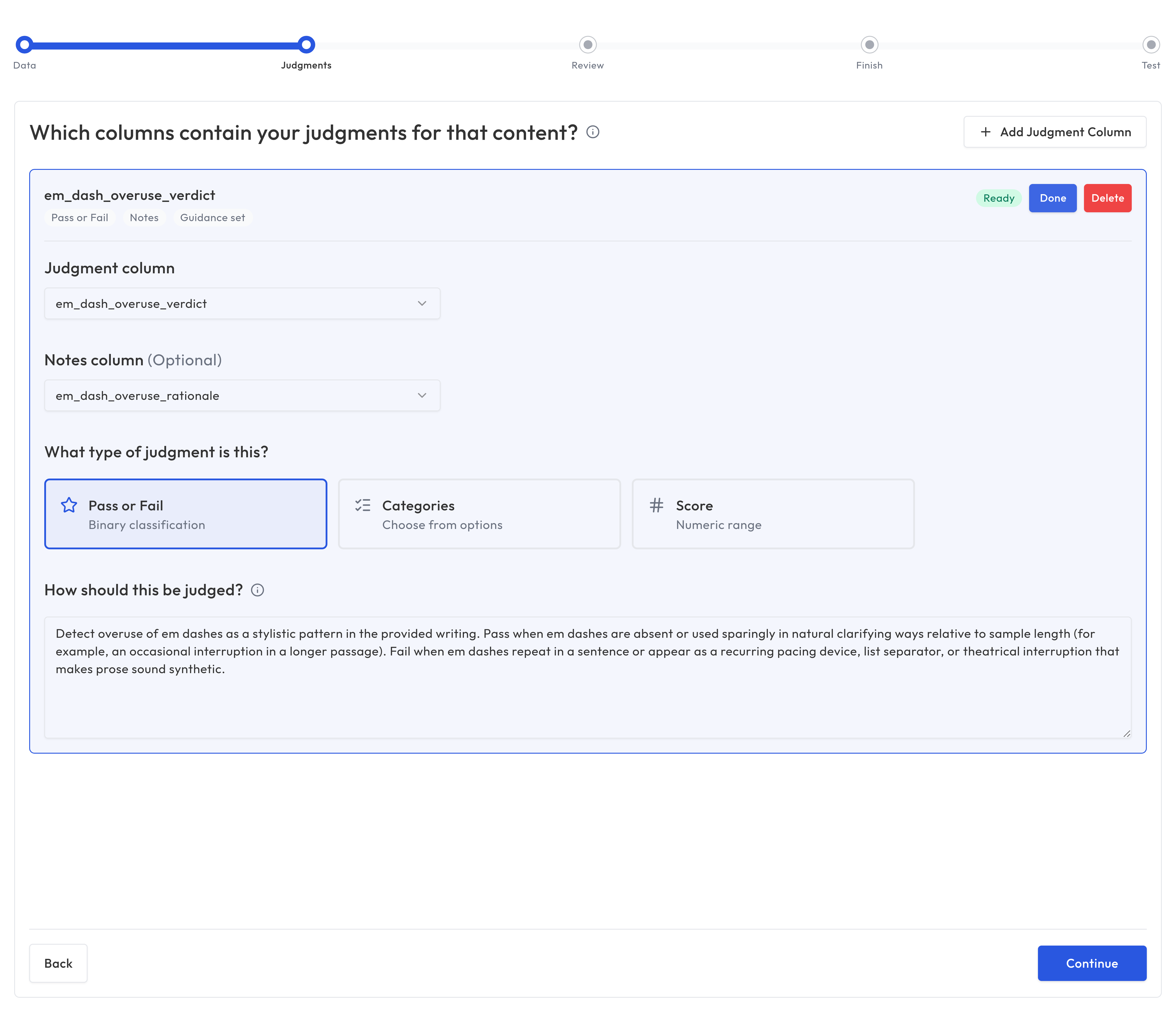 Guided Setup step 2 showing a configured judgment column