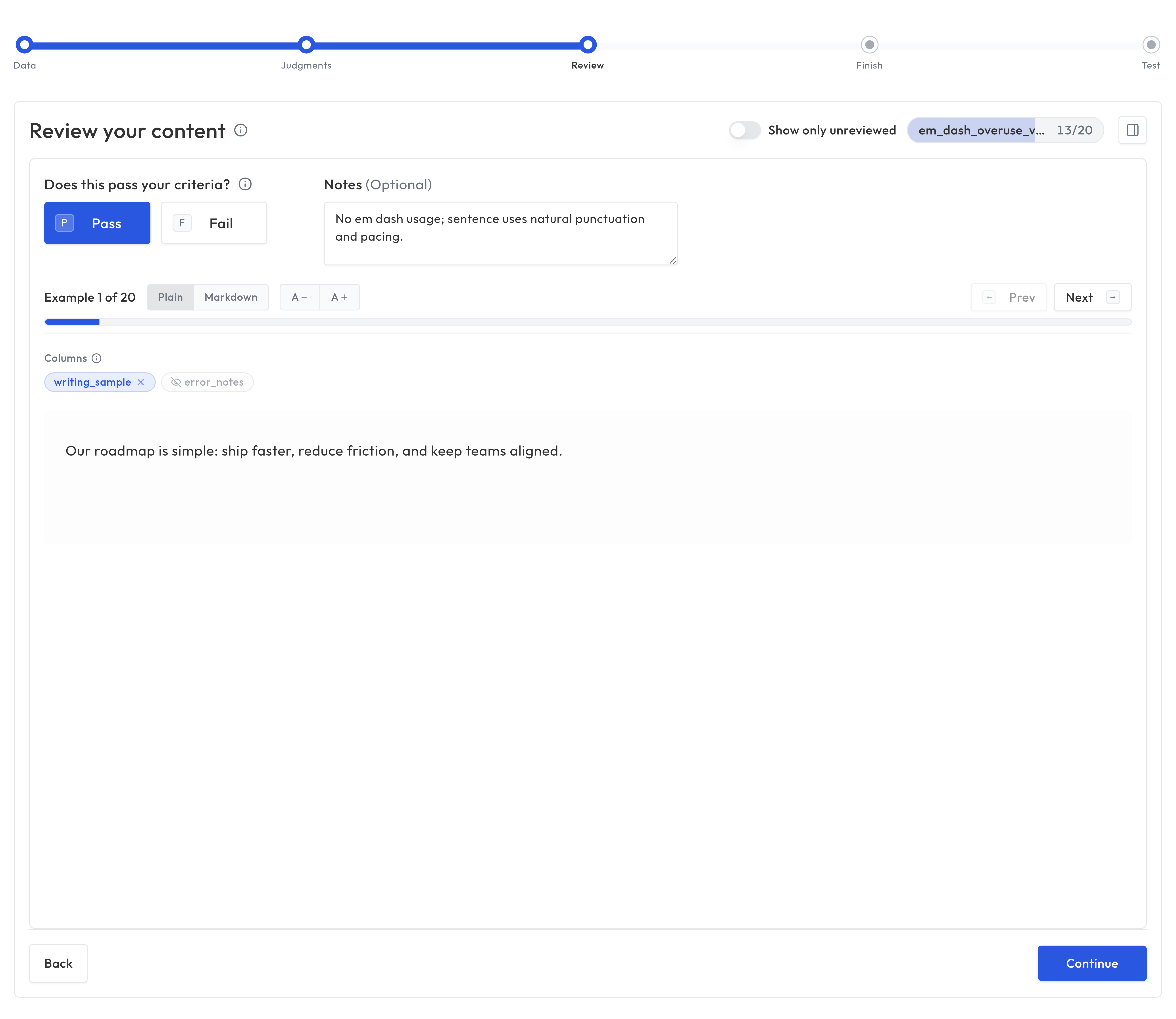 Guided Setup step 3 review screen with unreviewed examples