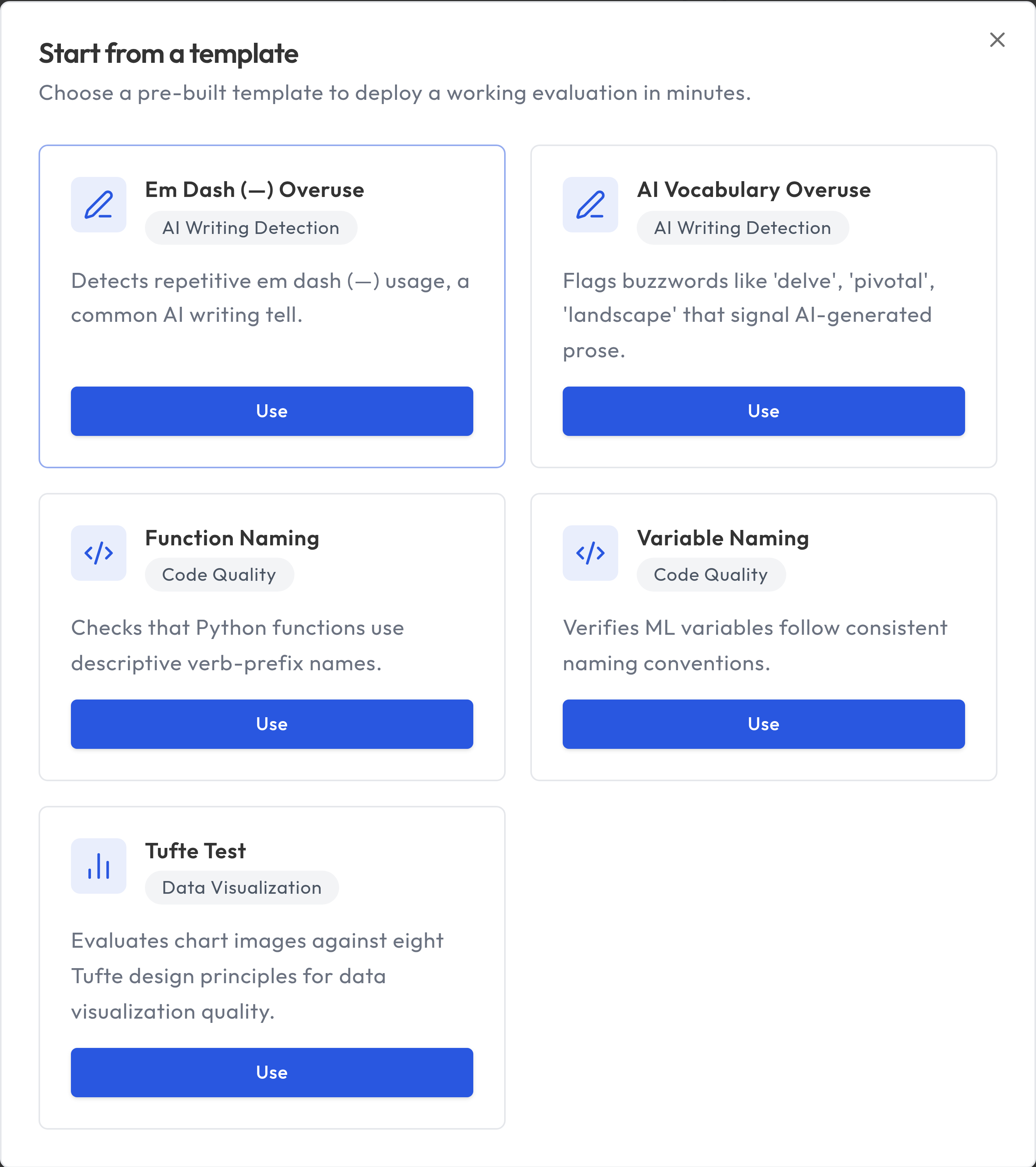 Template selection modal for pre-built evaluation templates